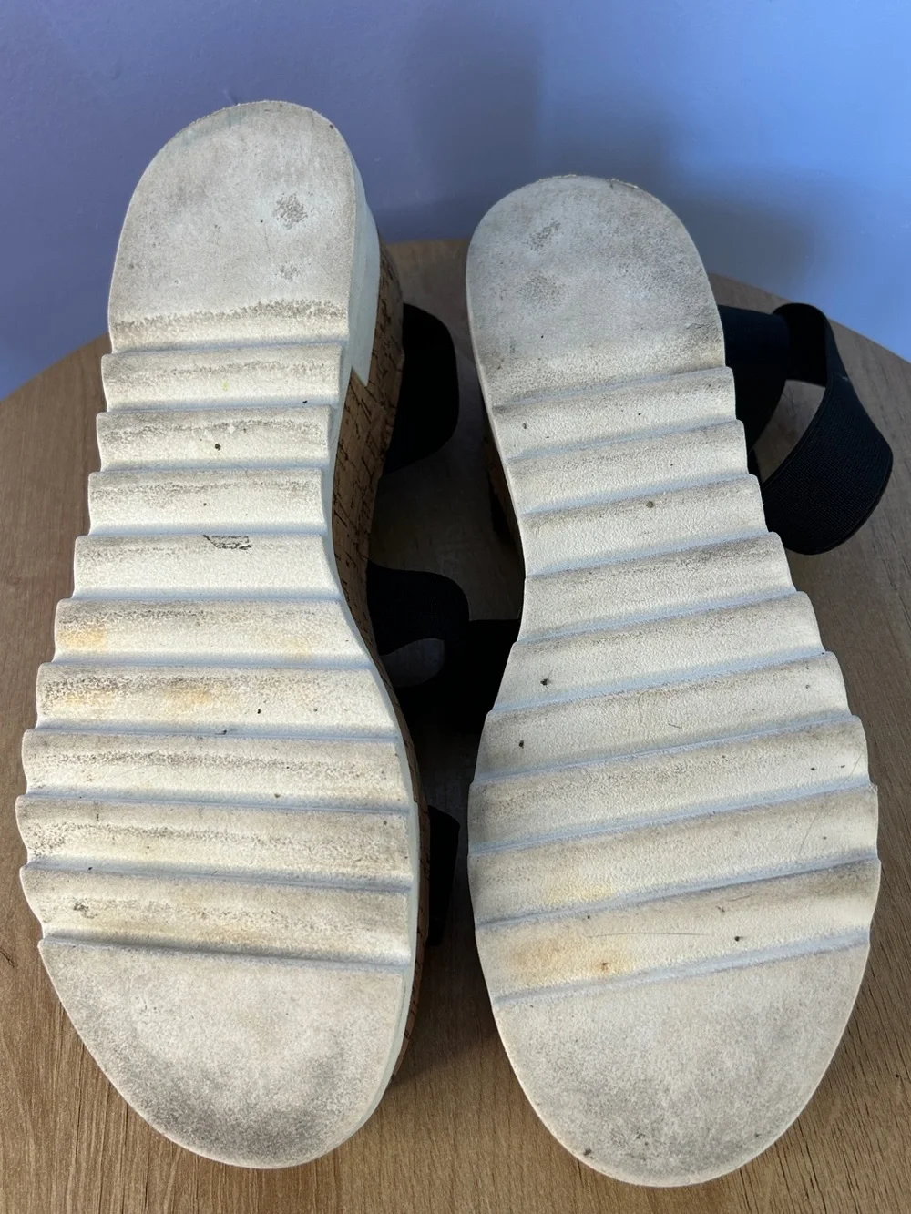 Black and White Cork Platform Sandals with Elastic Straps